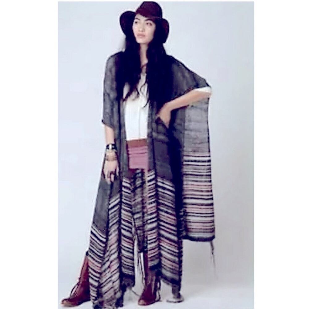 Free People Latitude 30 Wrap Poncho Shawl Rainbow Gray Fringe Sweater Stripe